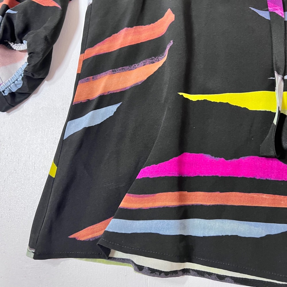 Tucker Silk Blouse M Black Multicolor Abstract Art to Wear Tie Neck - Picture 13 of 16